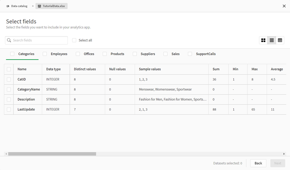 Zur Anzeige in vollständiger Größe klicken Die Listenansicht von „Felder auswählen“ im Data Catalog