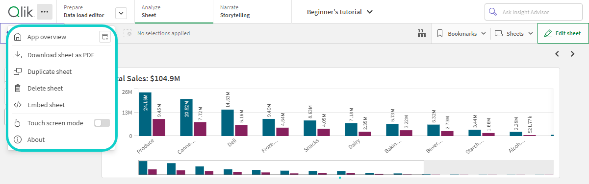 Zur Anzeige in vollständiger Größe klicken Globales Menü für ein Arbeitsblatt in Qlik Sense Enterprise.