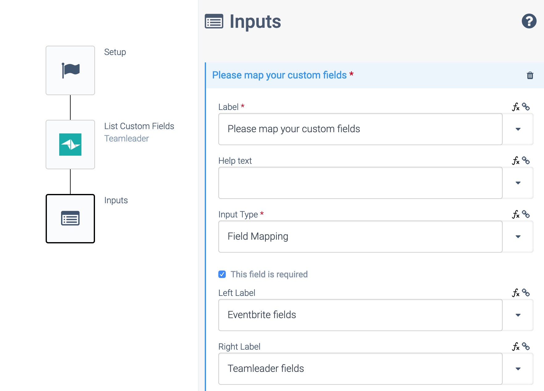 an automation consisting of a Start block, a List Custom Fields block, and an Input block. The Input block is selected. Input Type is set to Field Mapping.