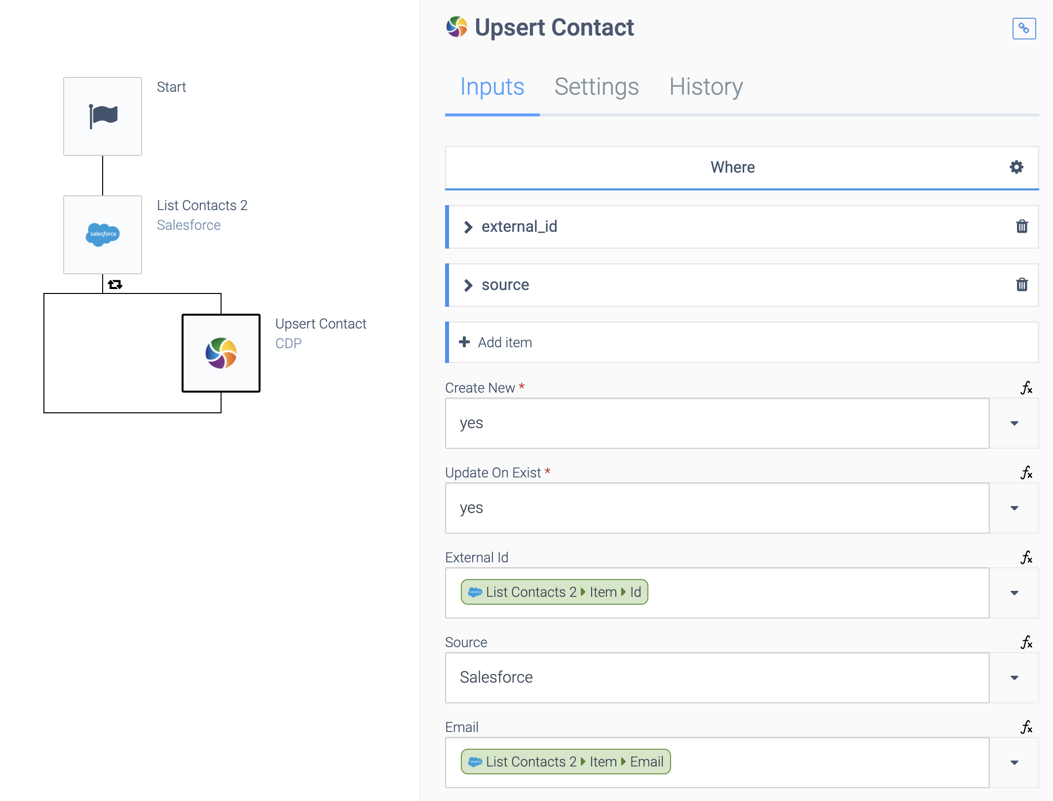 An Upsert Contact block in the loop of a List Contacts block. The Upsert Contact block is selected. External id is set to List Contacts > Item > Id, and Email is set to List Contacts > Item > Email.