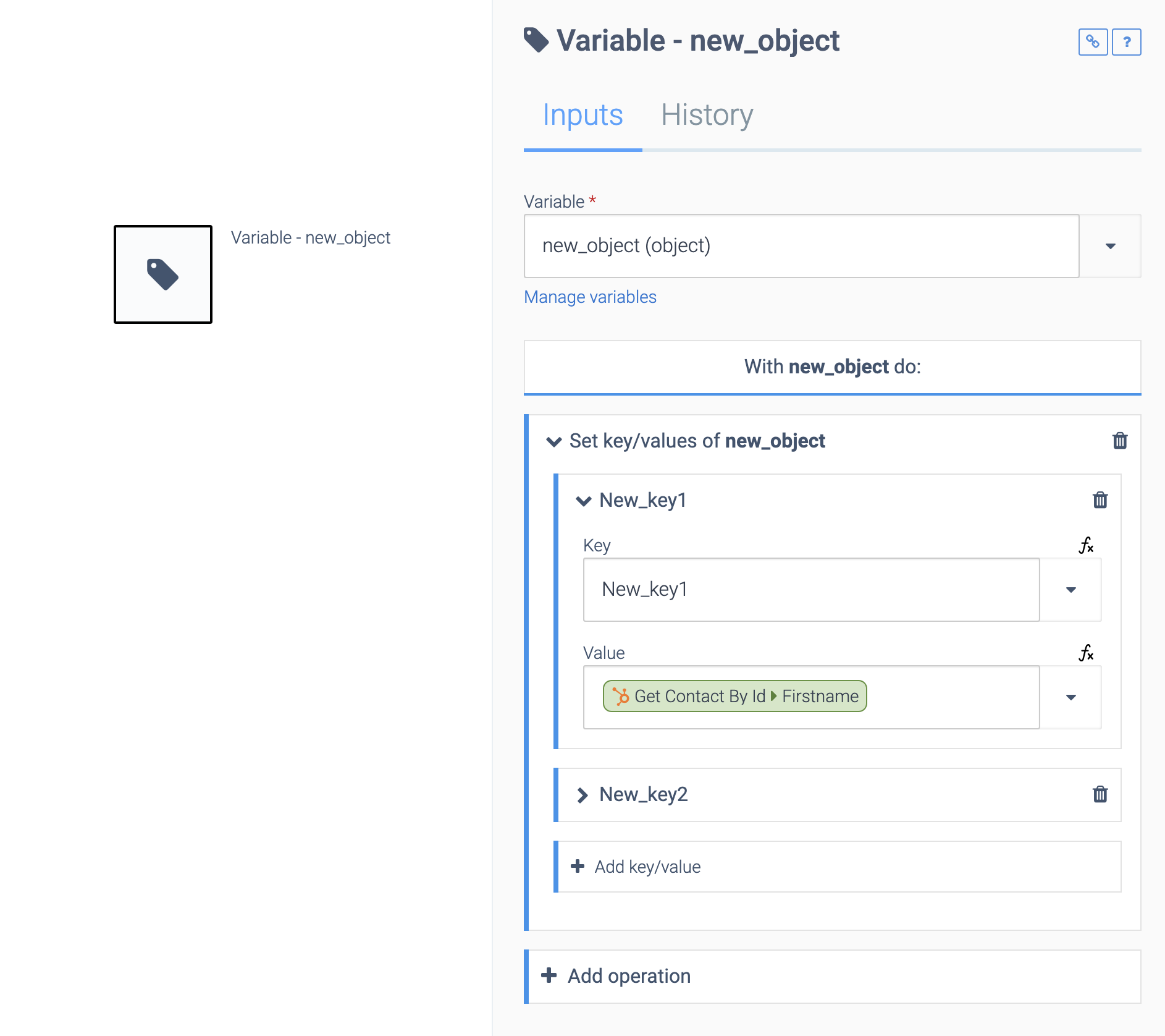 A Variable block. The variable is an object with a Value of Get Contact By Id > Firstname.