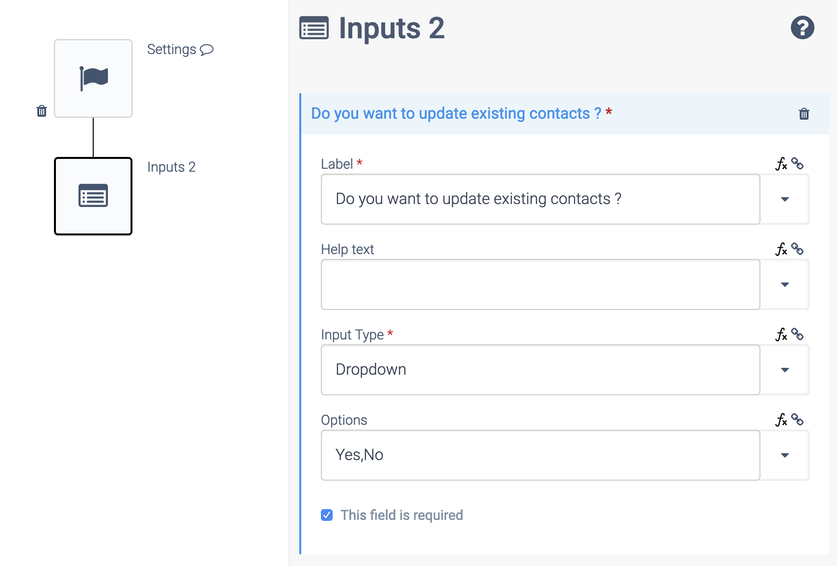 an automation consisting of a Settings block and an Input block.