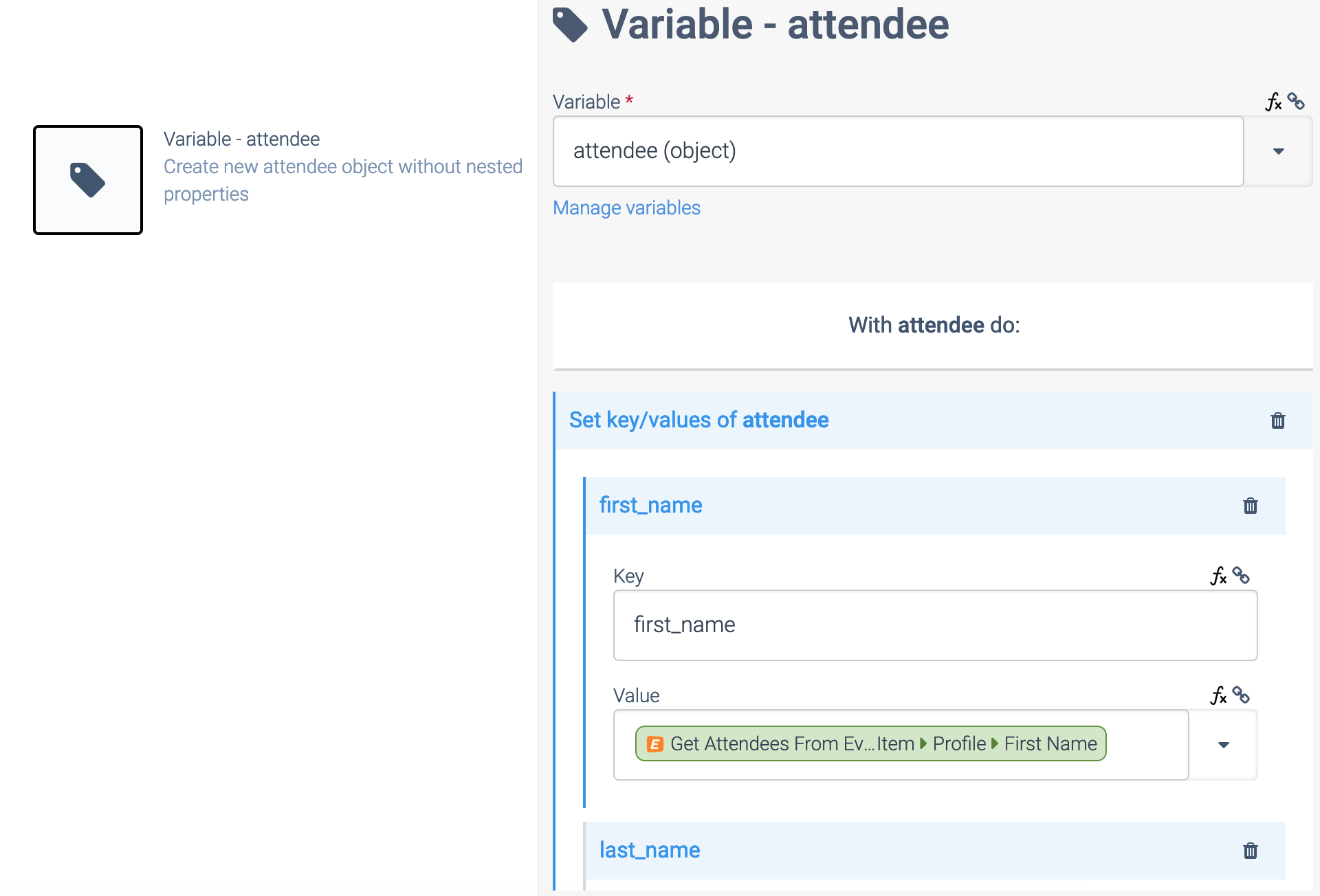 A Variable: attendee block. The variable is an object.