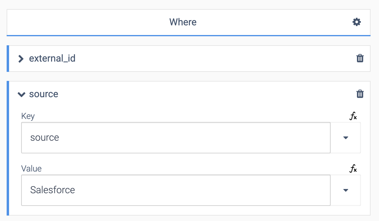 The source dropdown. Key is set to source, and Value is set to Salesforce.