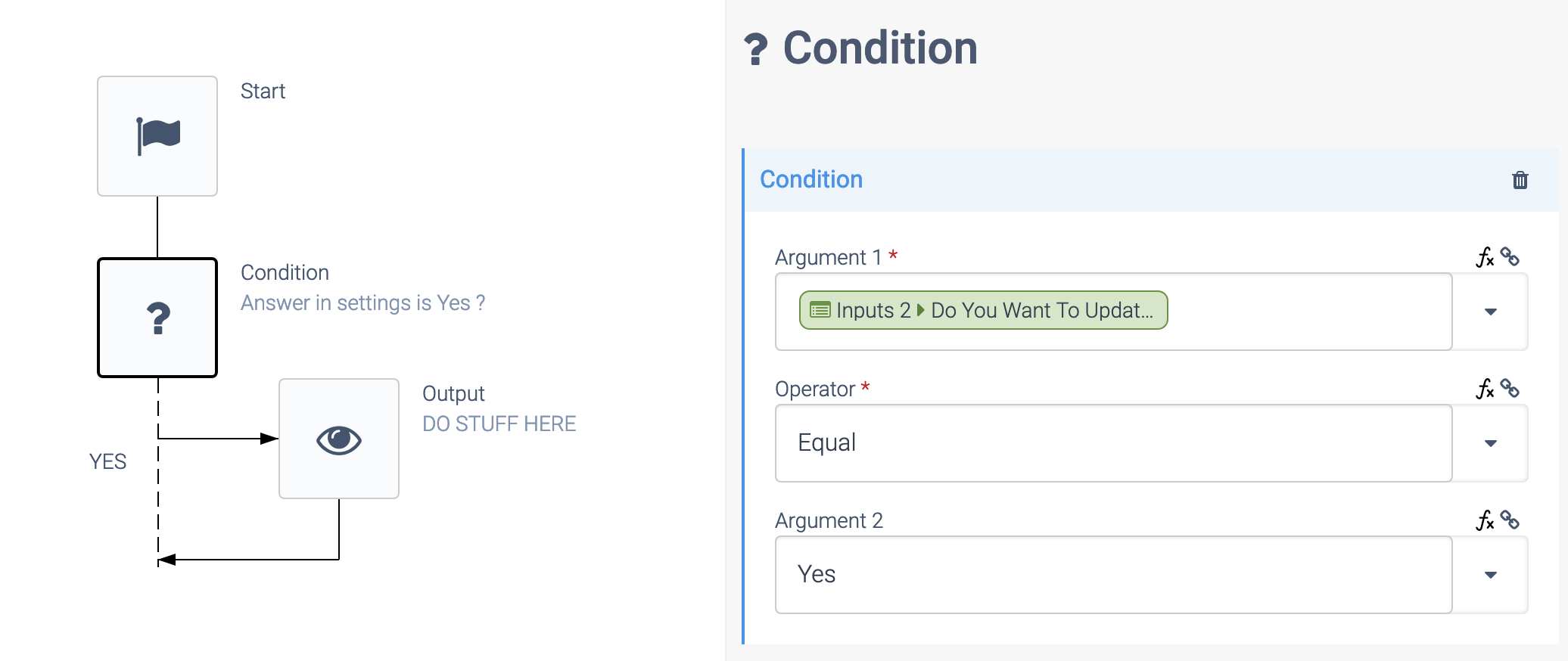 an automation consisting of a Start block and a Condition block, which accesses an Output block when a user's answer is yes.