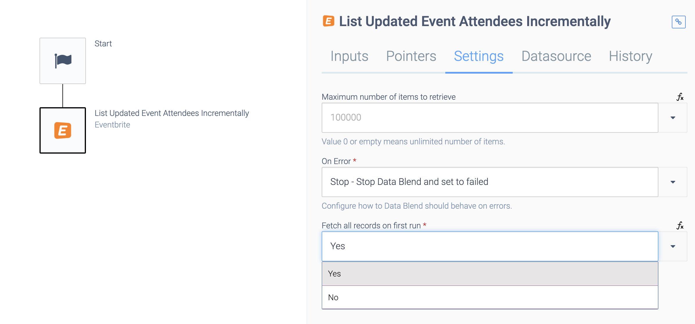 The Incremental block's Settings tab. The dropdown: Fetch all records on the first run is set to Yes.