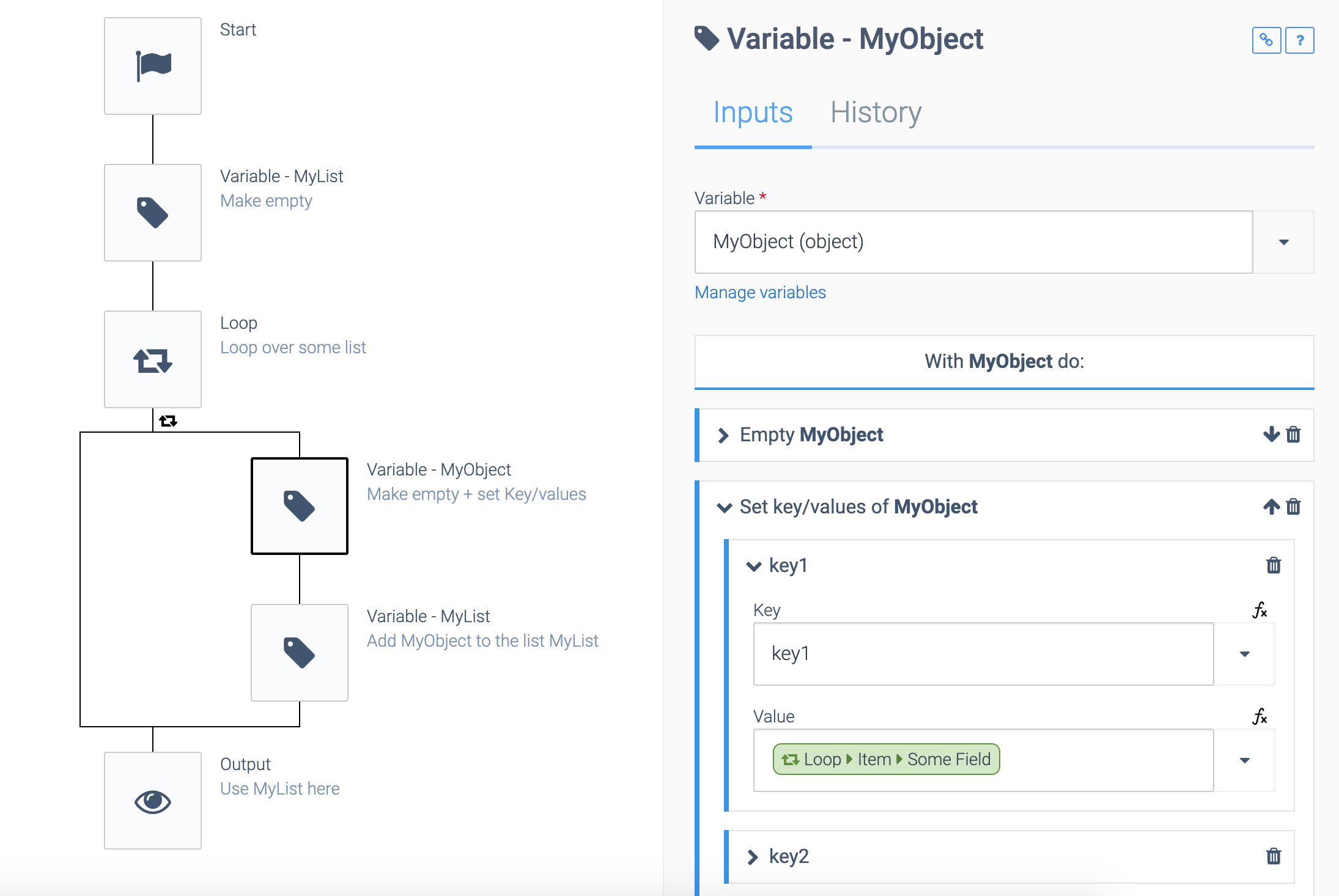 As above, but the Variable: MyObject block is selected. It is set to empty the object variable, then add a key and a value from the loop.