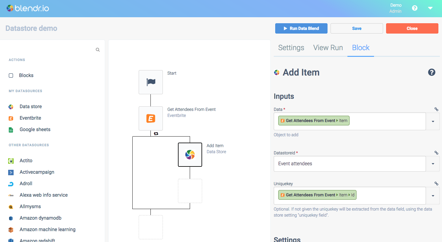 an automation consisting of a Start block and a Get Attendees From Event block containing an Add Item block.