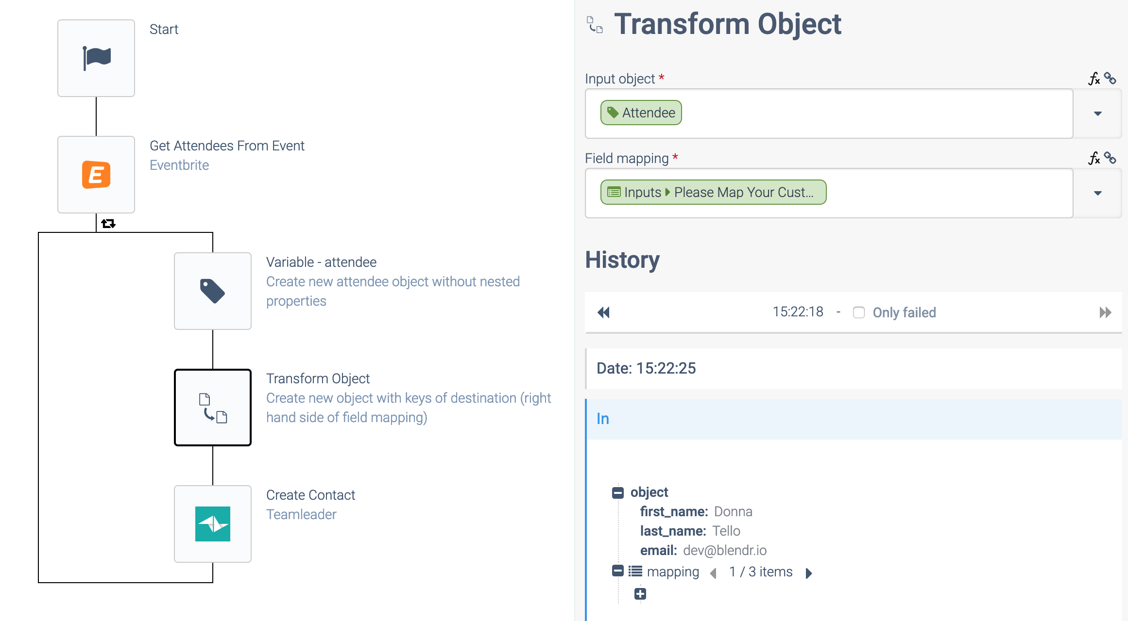 an automation consisting of a Start block and a Get Attendees From Event block containing a Variable block, a Transform Object block, and a Create Contact block. The Transform Object block is selected. Input object is set to Attendee, and Field mapping is set to Inputs > Please Map...