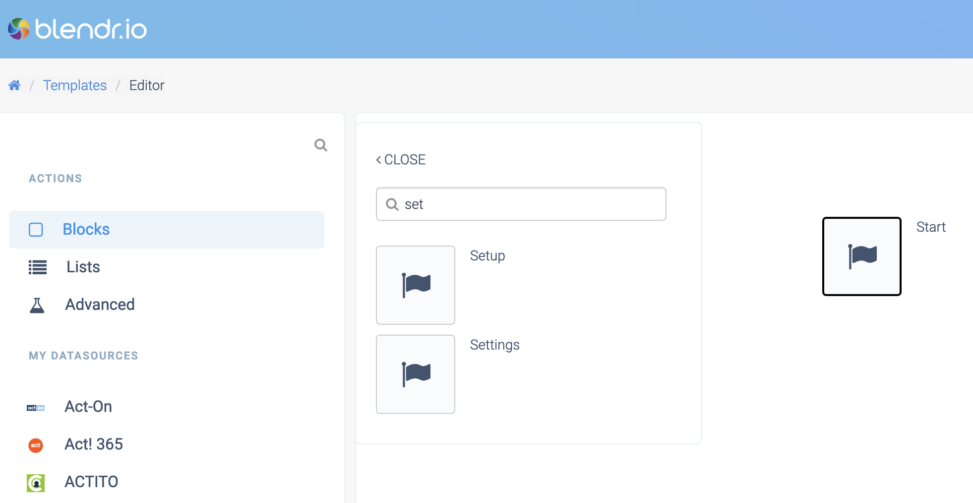 an automation containing a single Start block. A list of available blocks is on the left.