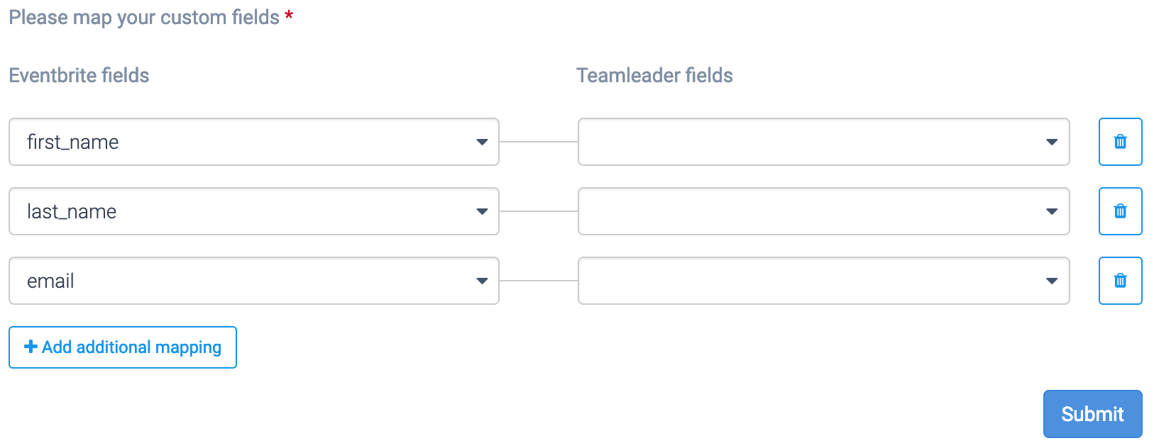 Three Eventbrite fields and three Teamleader fields. The Eventbrite fields are filled in as first_name, last_name, and email, and are each linked to an empty Teamleader field.