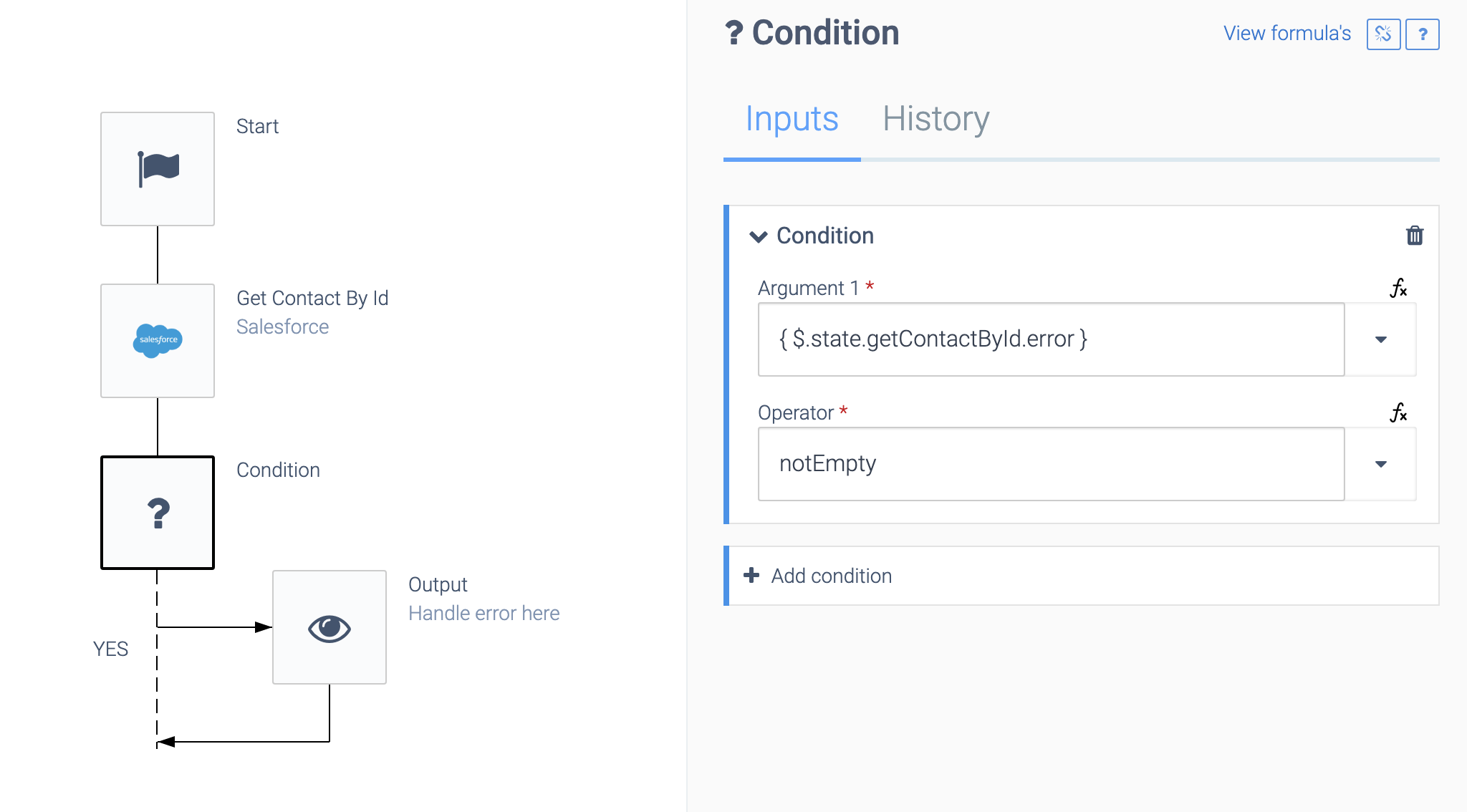 an automation consisting of a Start block, a Get Contact By Id block, and a Condition block connected to an Output block. If the Get Contact By Id block produces an error, the Condition block activates the Output block to handle the error.