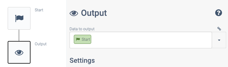 an automation containing a Start block and an Output block. The Data to output field is set to Start.