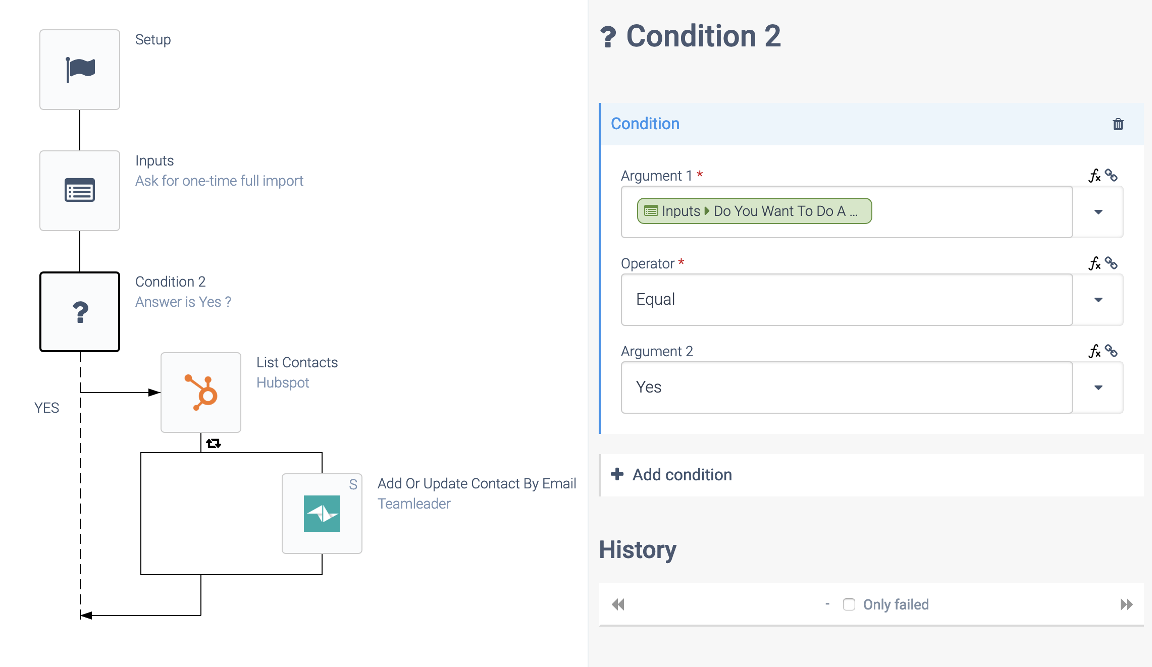 an automation consisting of a Start block, an Input block, and a Condition block, which accesses a List Contacts block containing an Add Or Update Contact By Email block.