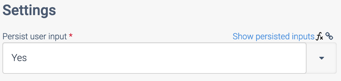 The Settings tab. Persist user input is set to yes.