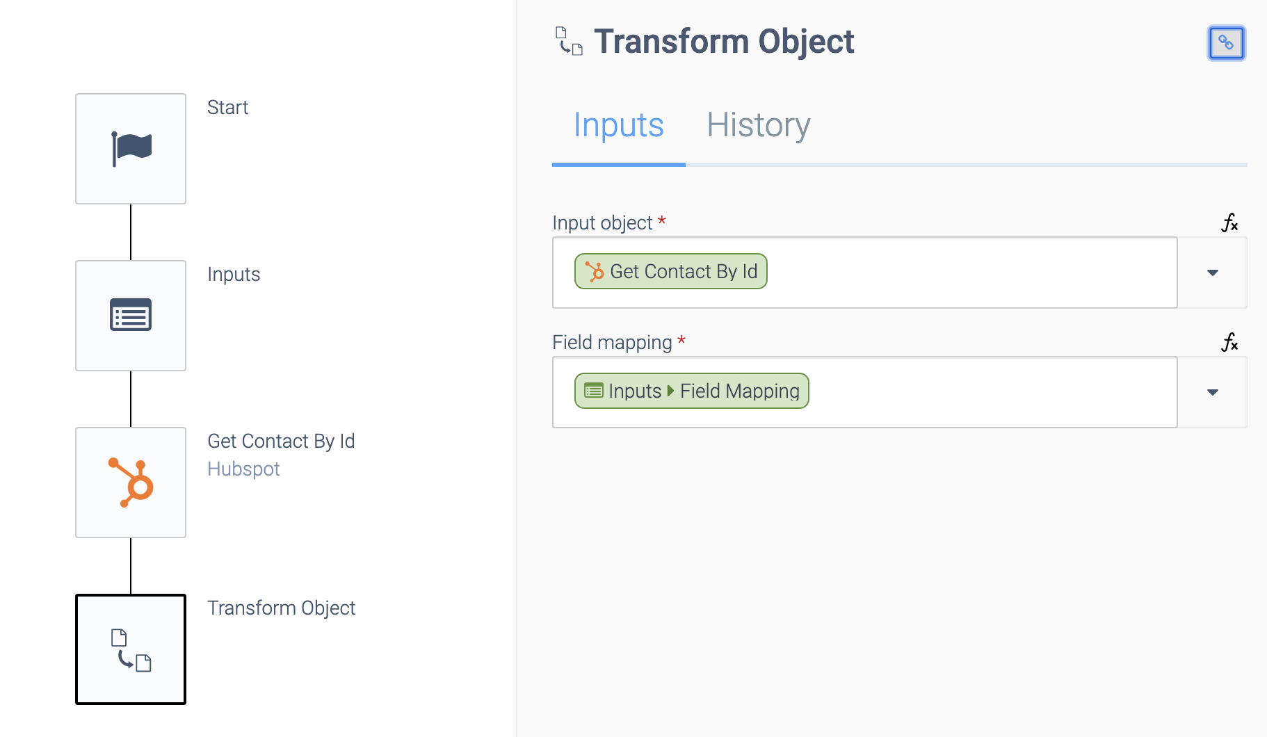 an automation consisting of a Start block, an Input block, a Get Contact By Id block, and an Apply Field mapping block.