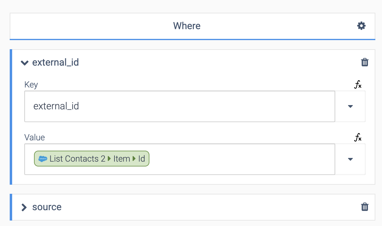 The external_id dropdown. The Key is set to external_id, and Value is set to List Contacts > Item > Id.