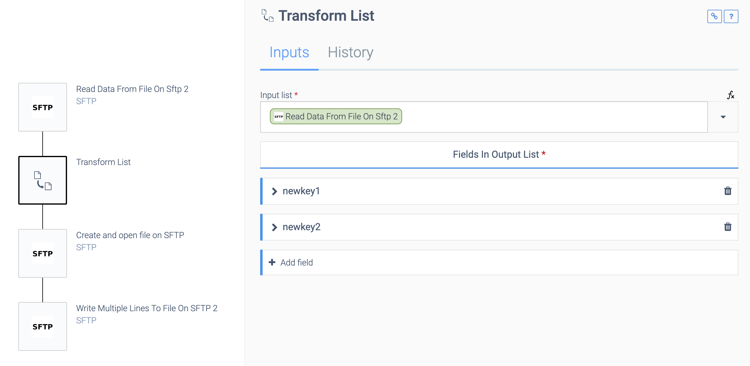 an automation consisting of a Read Data From File On Sftp block, a Transform List block, a Create and open file on SFTP block, and a Write Multiple Lines To File On SFTP block. The Transform List block is selected. It processes data from the Read Data From File On Sftp block.