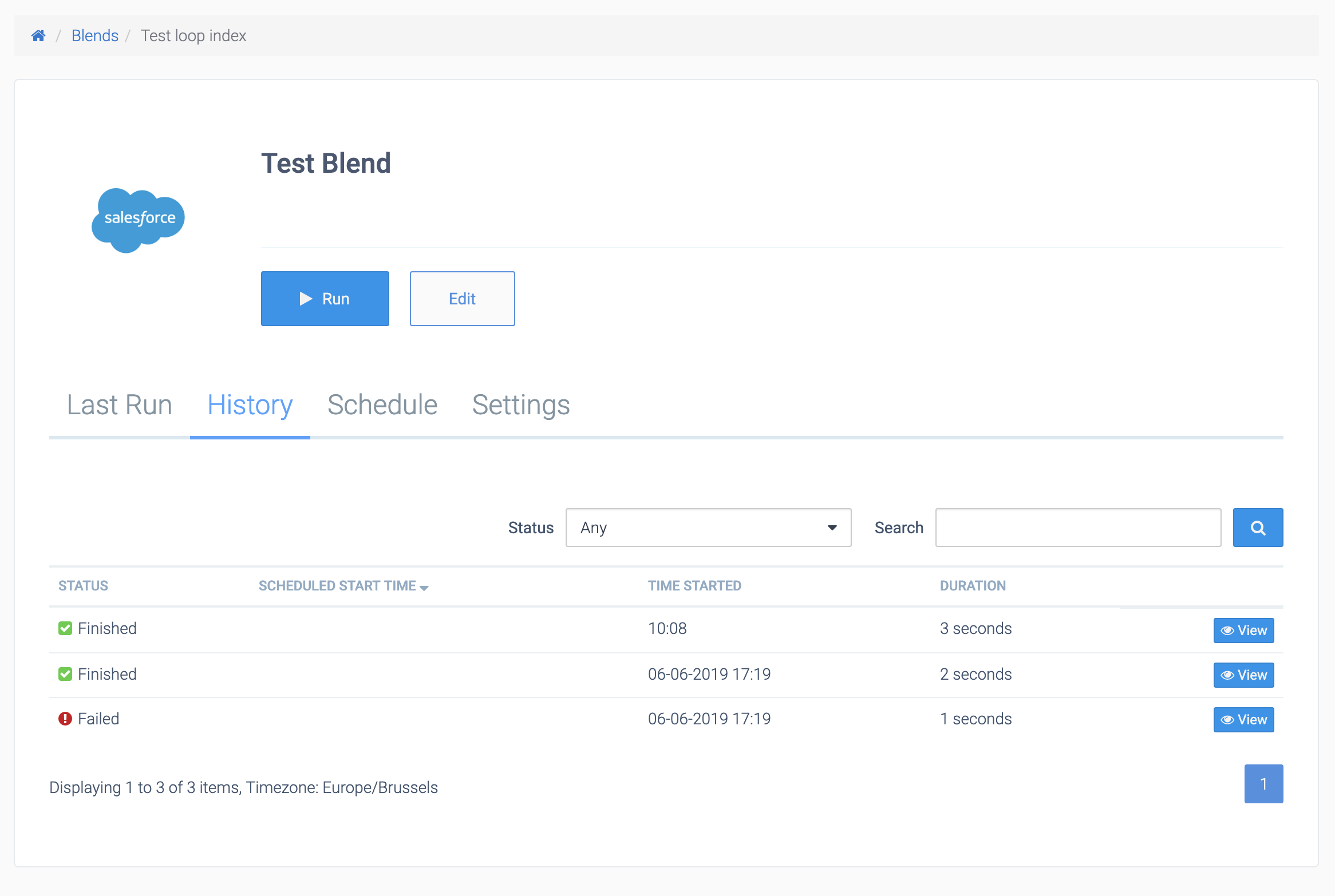 An automation's History tab. The Status dropdown field is set to Any, and two Finished runs and one Failed run are displayed.