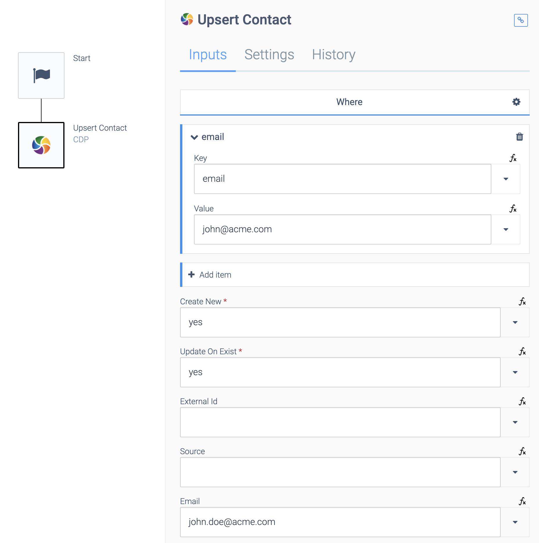 An Upsert Contact block. Key is set to email, and Value is set to john@acme.com.