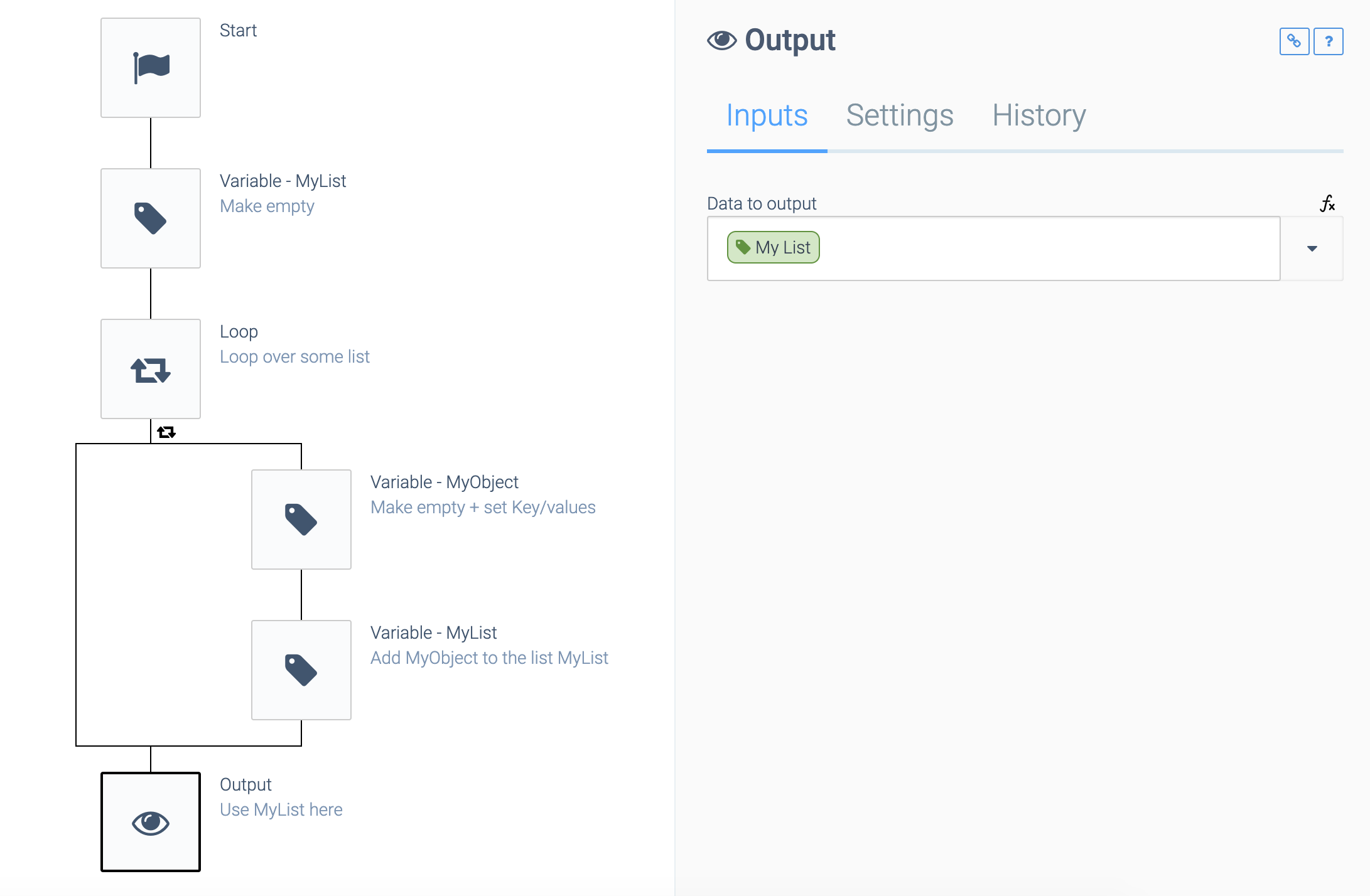 As above, but the Output block is selected. The data output is the MyList list.