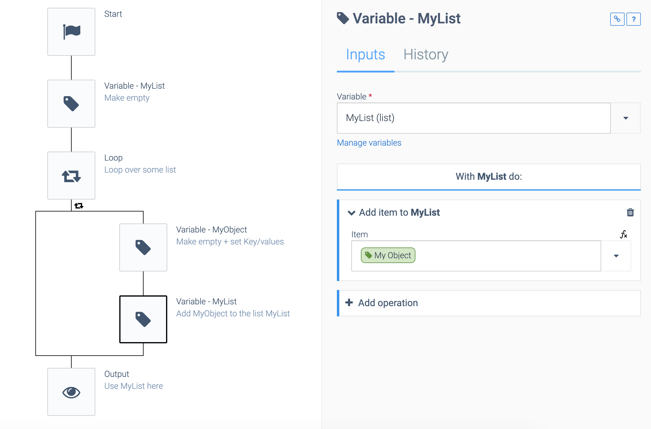 As above, but the second Variable: MyList block is selected. MyObject is added to MyList.