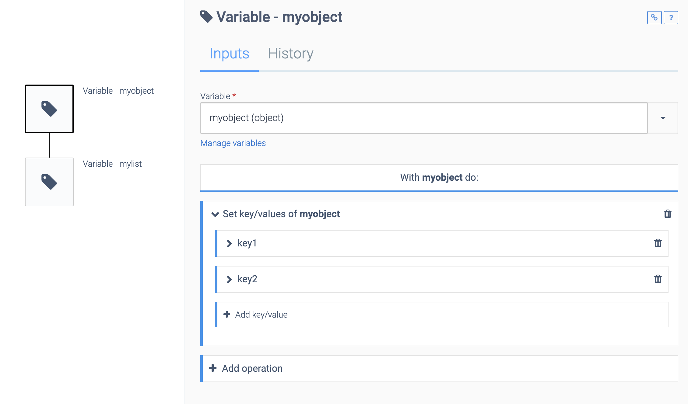 an automation consisting of a Variable - myobject block and a Variable - mylist block. The myobject block is selected.