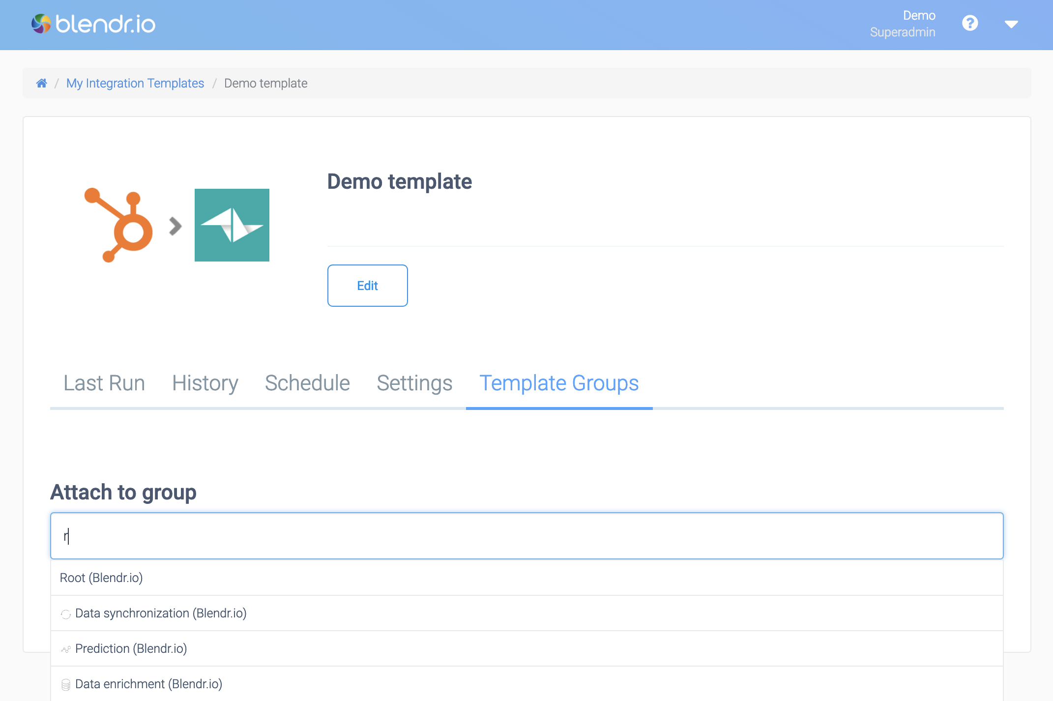 The Template Groups tab of an automation.