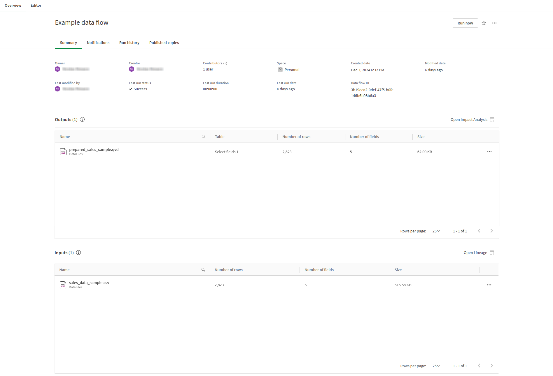 Overview page of a data flow