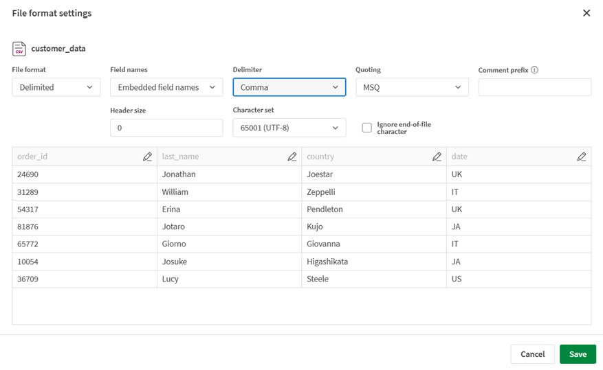 File format settings menu for a csv file