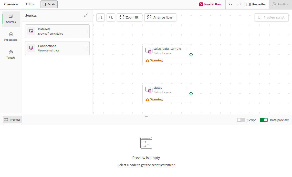 Two source datasets to start building a data flow