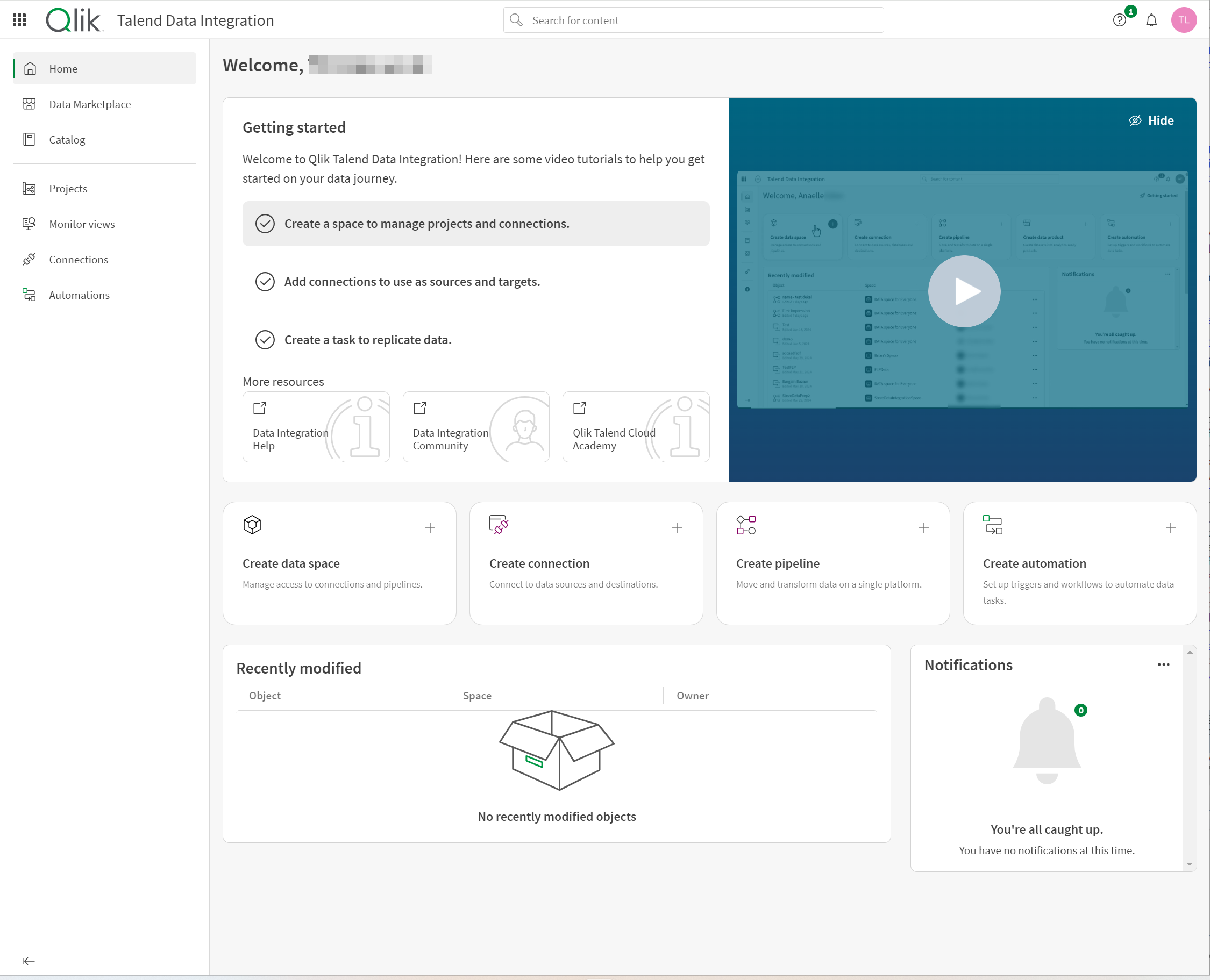 The Qlik Talend Data Integration home screen.