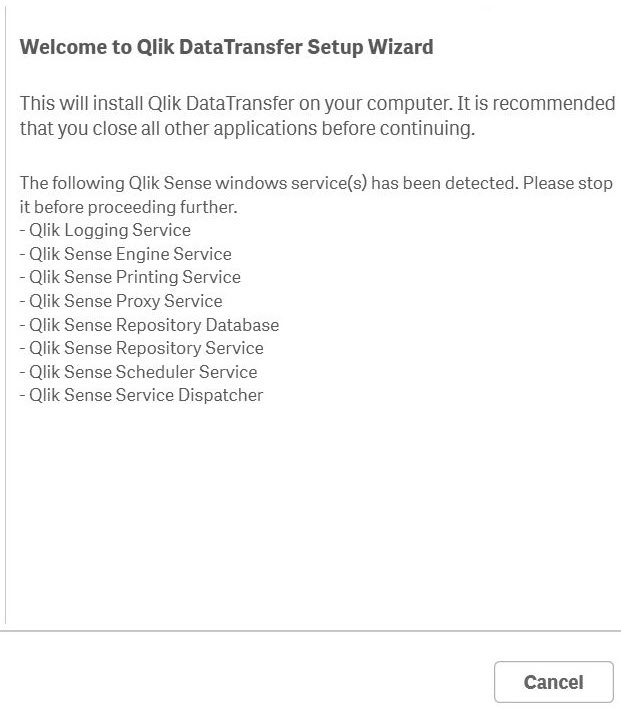 Qlik dataTransfer installer screen