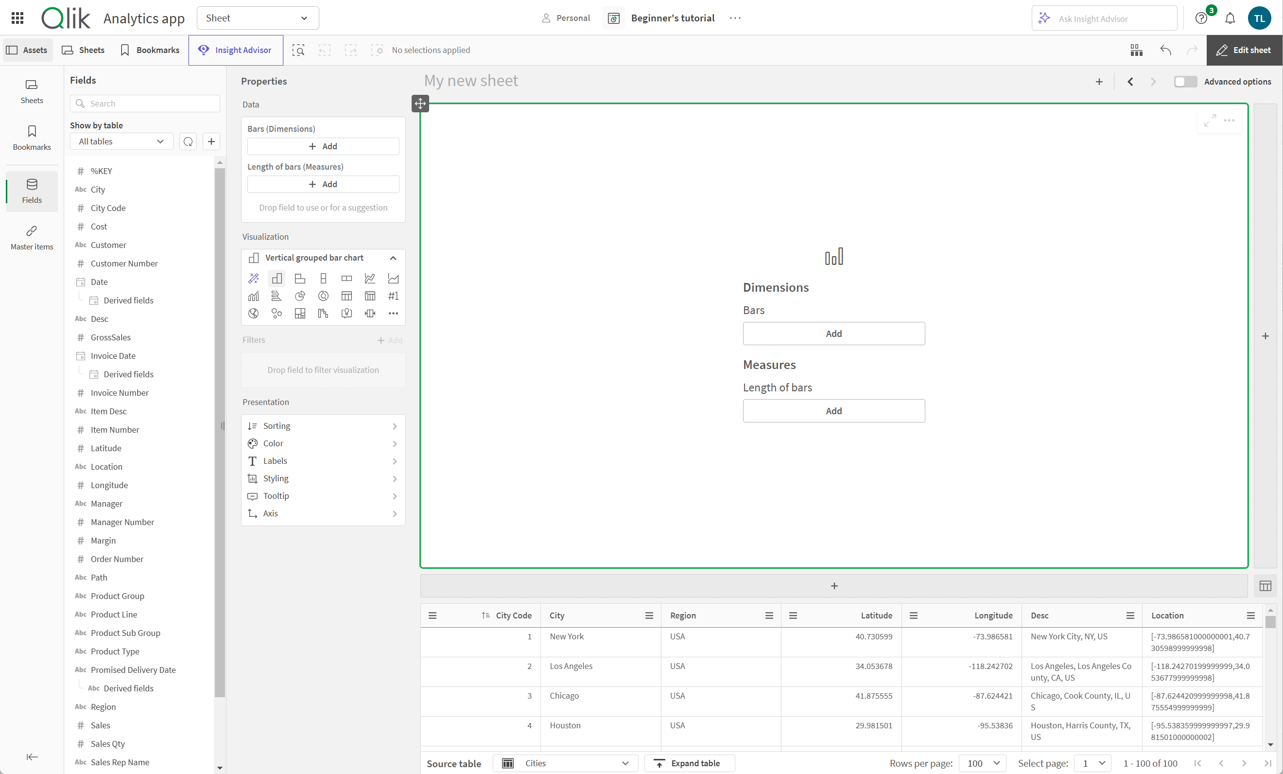 Click to view full size A new sheet opened in edit mode with the default visualization set to vertical grouped bar chart.