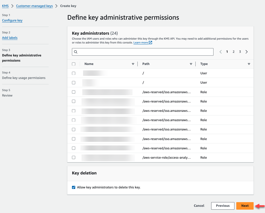 AWS Management Console with button link to create a CMK key.