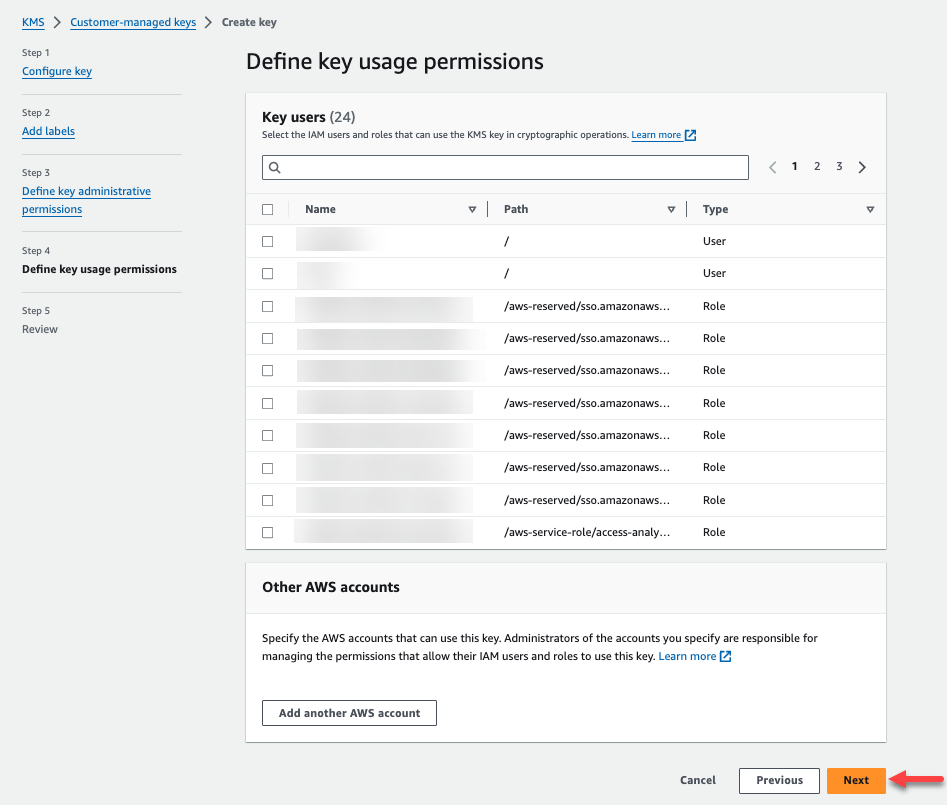 AWS Management Console with button link to create a CMK key.