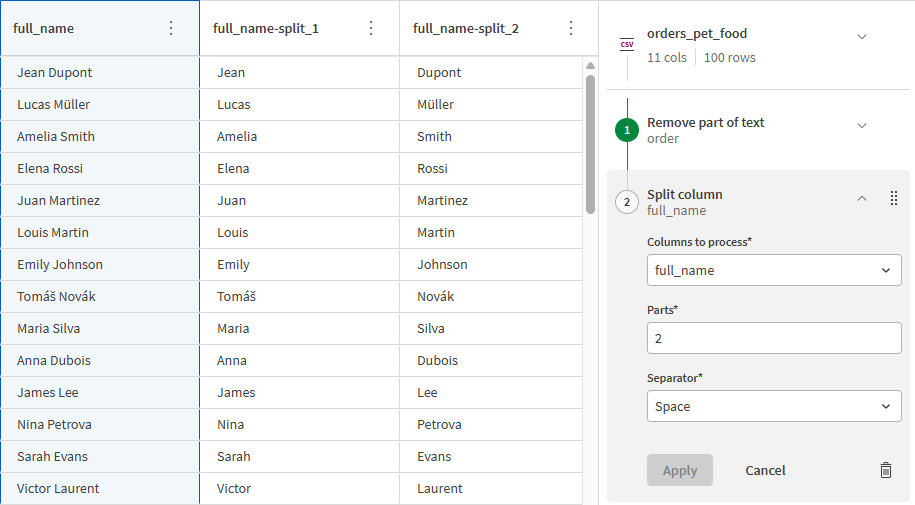 Full names split into two new columns