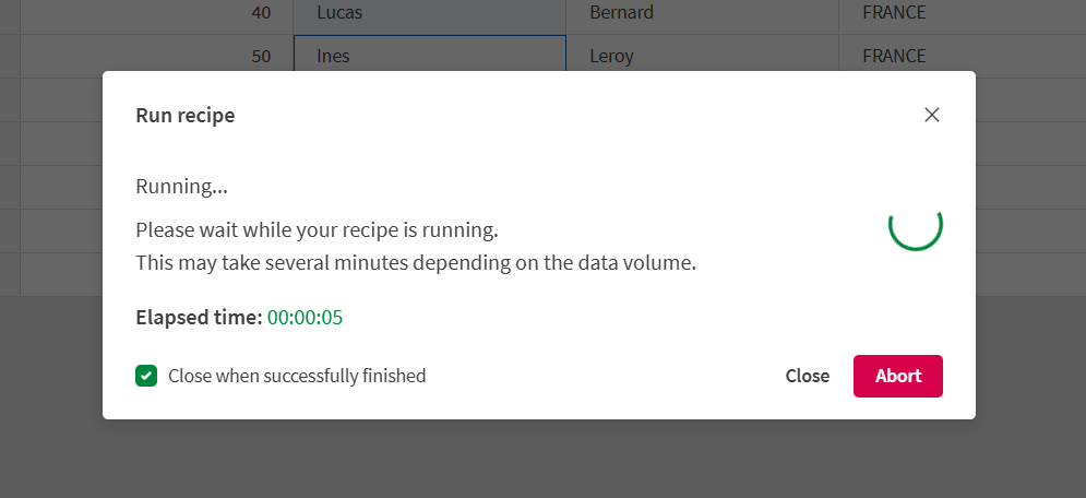 The recipe running to output the data
