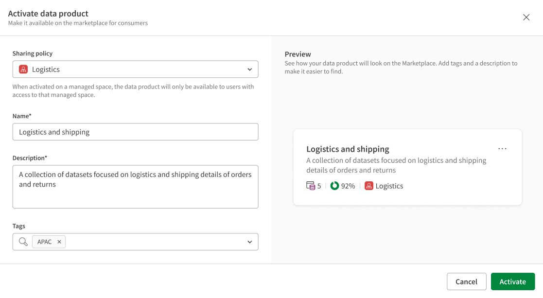 Data product activation menu