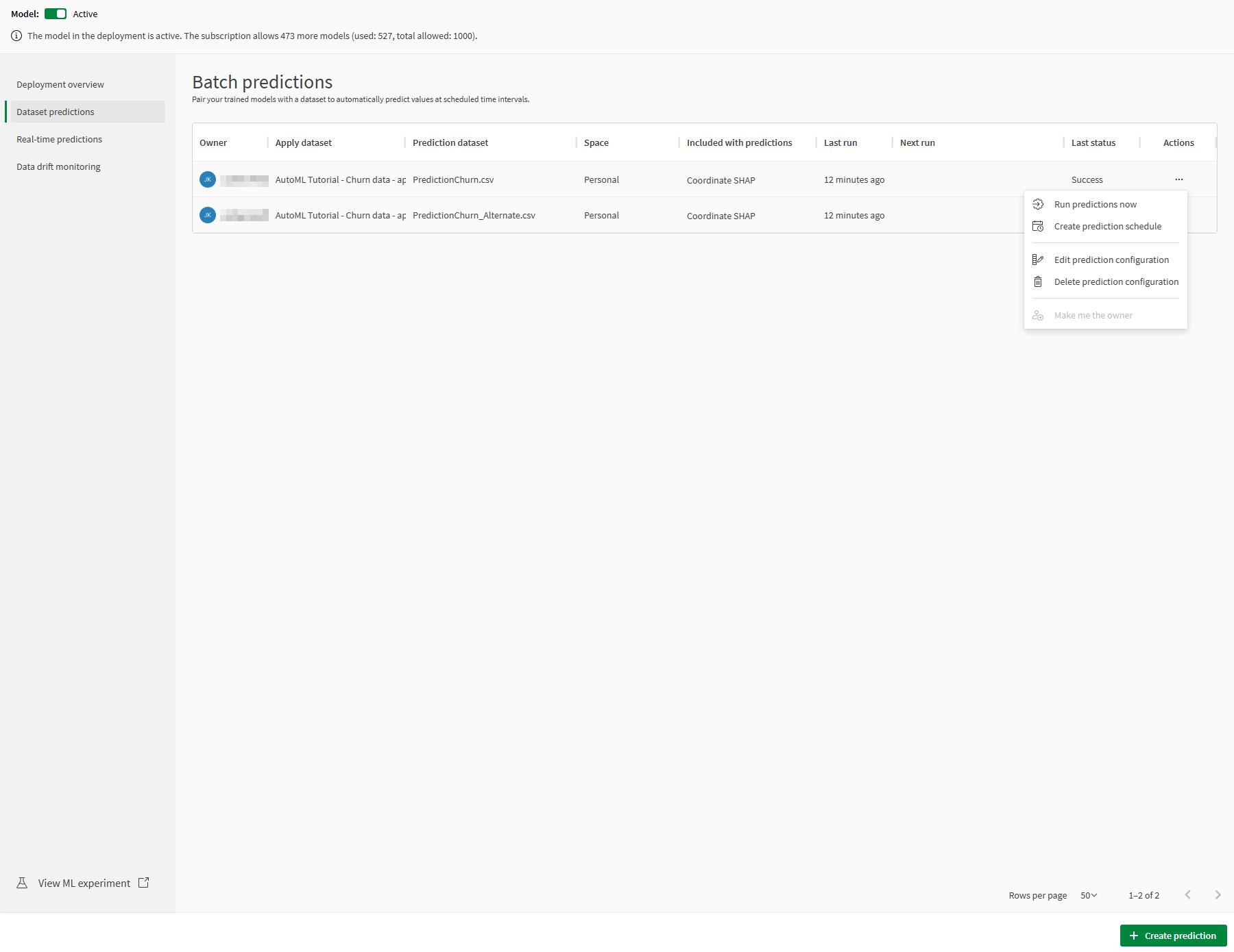 Dataset predictions pane.