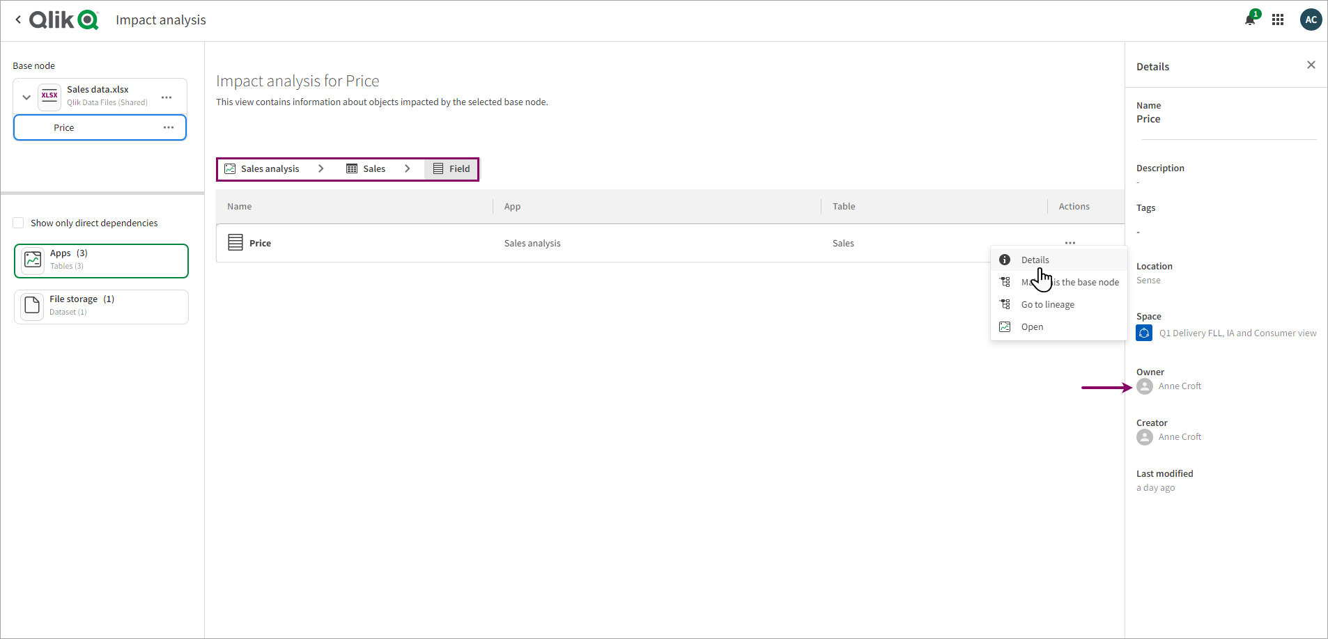 Open details to list the owner of the dependent object