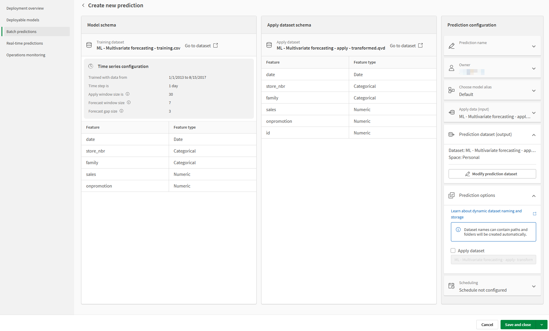 ML deployment with time series model, showing the prediction configuration with schemas