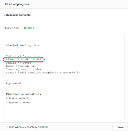 Data load progress window with reduced data load.