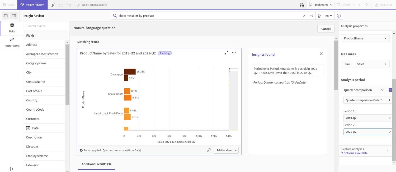 Insights chart with Quarter comparison calendar period applied. The period has been manually changed to display 2021 Q2 and 2019 Q2. A bar chart is displayed showing the sum of Sales by Product name. Products have two sum of Sales bars, one for the current quarter and one for same quarter two years ago.