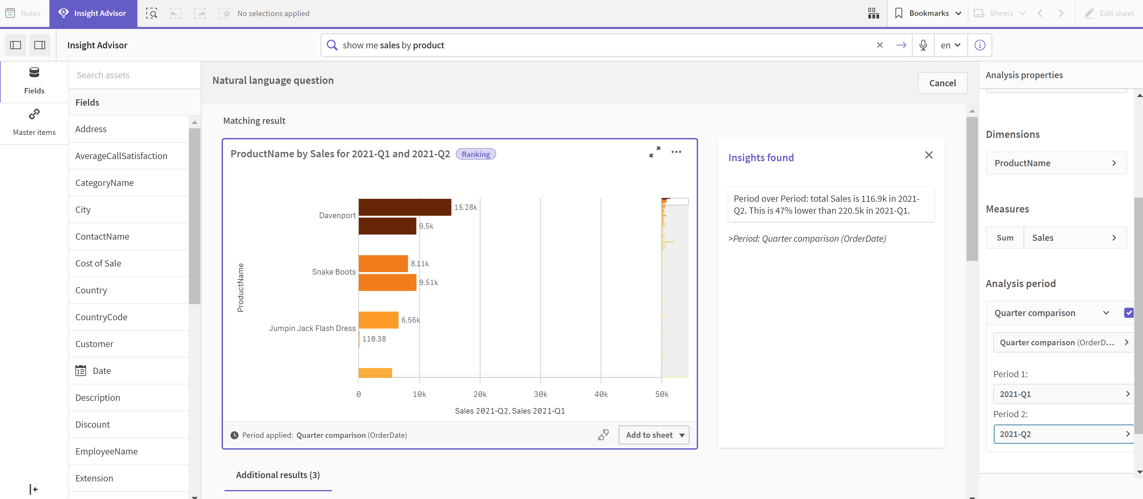 Insights chart with Quarter comparison calendar period applied. A bar chart is displayed showing the sum of Sales by Product name. Products have two sum of Sales bars, one for the current quarter and one for the quarter two quarters previous