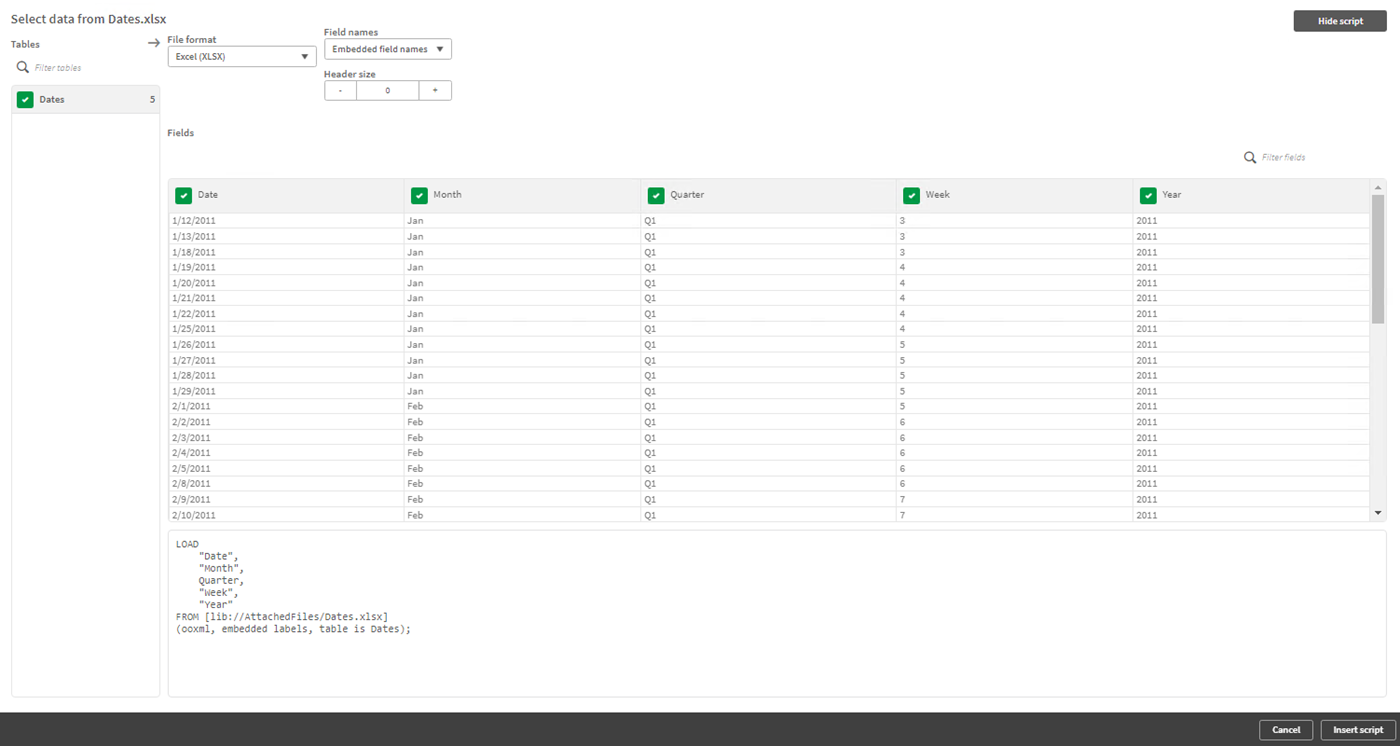 Data preview window for Dates data file.