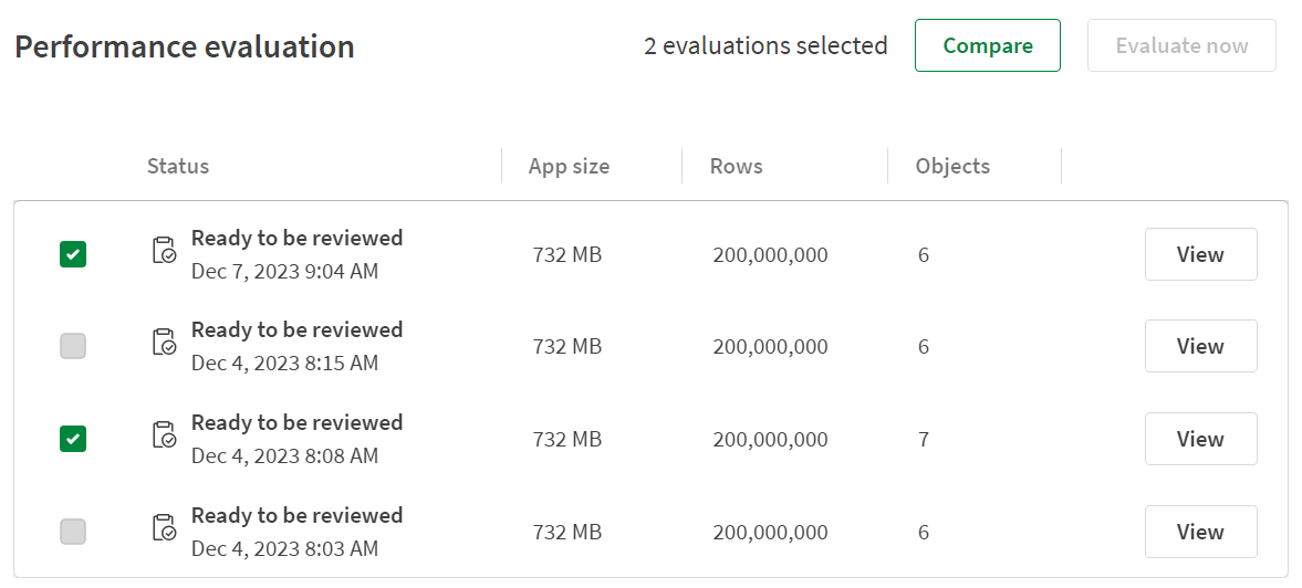 Performance evaluation table with two rows selected and the compare button shown