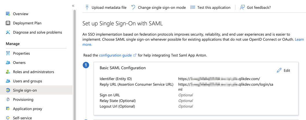 SAML settings pane.