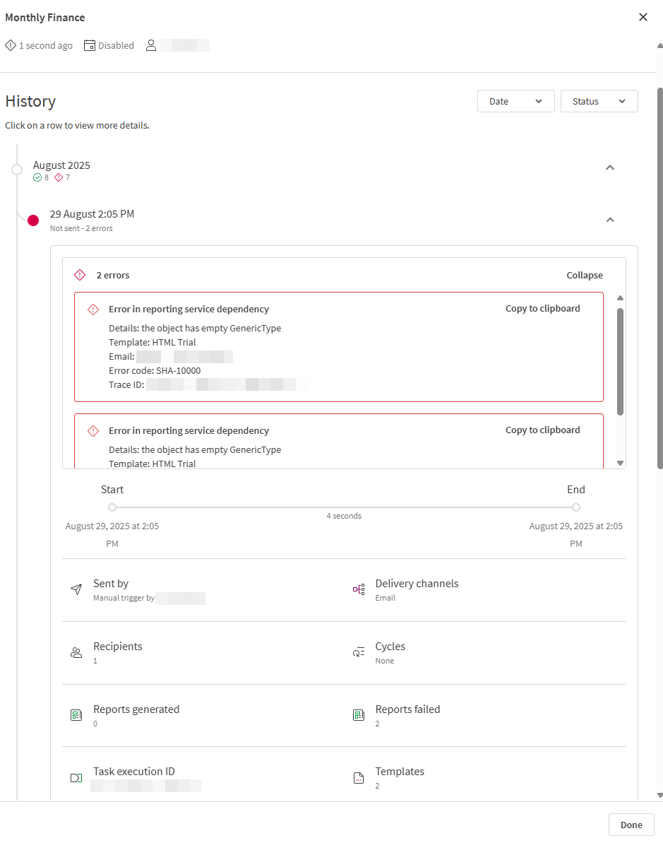 Click to view full size The 'History' view for a report task, with an individual task execution expanded. The expanded view shows details about the execution, such as its status, any error codes, and information about the configuration of the report task at the time of the execution