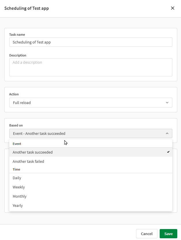 Click to view full size Task creation dialog with dropdown in use, to select an event-based trigger under 'Based on' property
